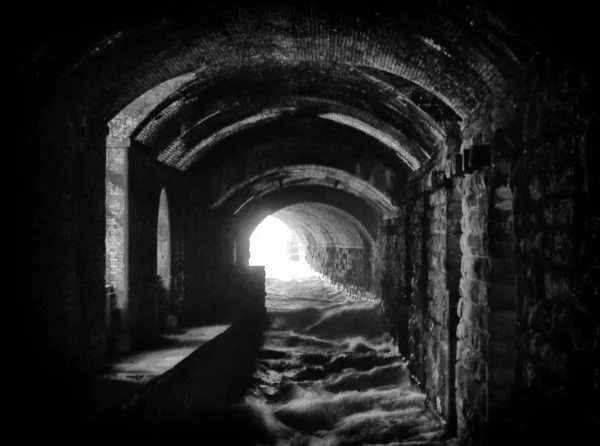 Black White Image River Tunnel — Fotografia de Stock