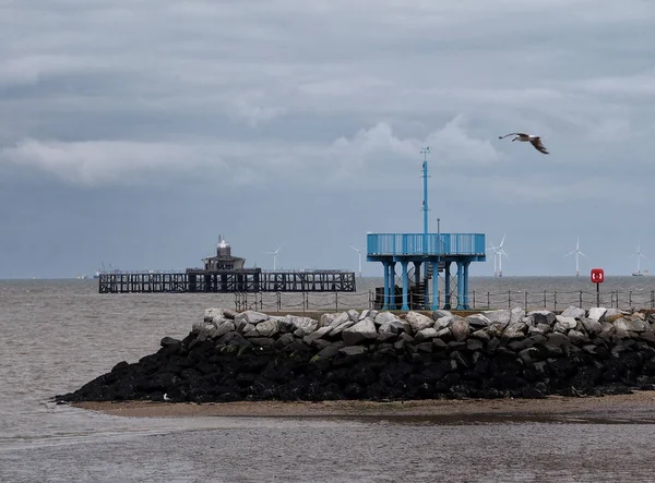 Ruins Old Pier Herne Bay Harbour Wall Grey Sky Flying — Stock Photo, Image