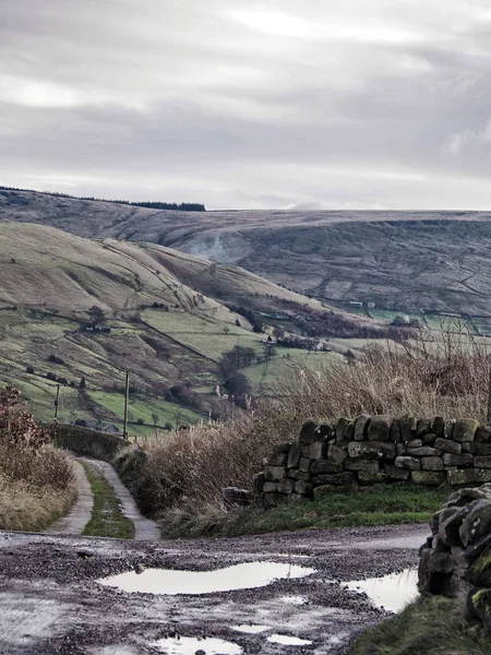 winter scene in yorkshire dales at crossroads with pennine moors and fields