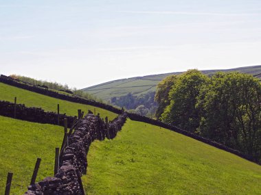 Parlak yeşil çayırlar, vadi kenarlarında taştan duvarlar olan çayırlar, Crimsworth dekanı yakınlarında ve Calderdale 'deki sarp kayalıkların üzerinde orman ağaçları ve uzakta tarım arazileri olan.