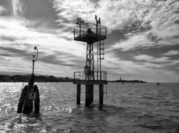 Black White Photo Metal Tower Water — Stock Photo, Image