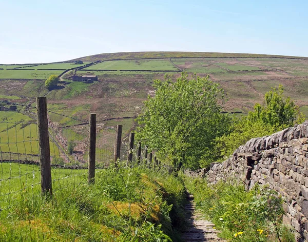 Batı Calderdale 'deki Lumb Vadisi' nde çayırlarla kaplı bir vadiye uzanan taştan bir duvar ve çitle çevrili dar bir patika.