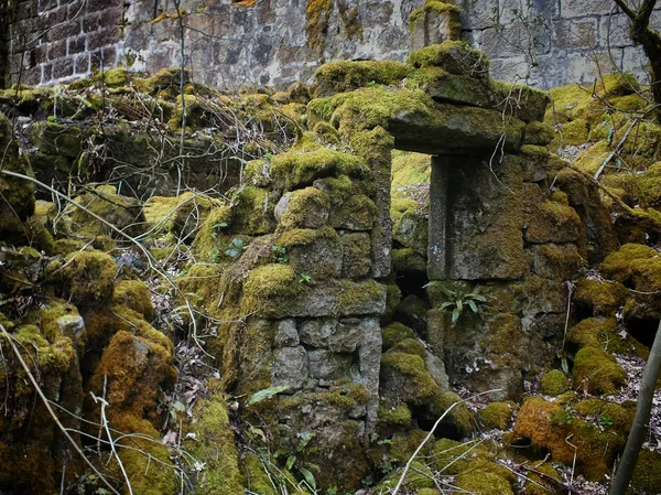 Arruinada casa de pedra abandonada com paredes desmoronadas e musgo growi — Fotografia de Stock