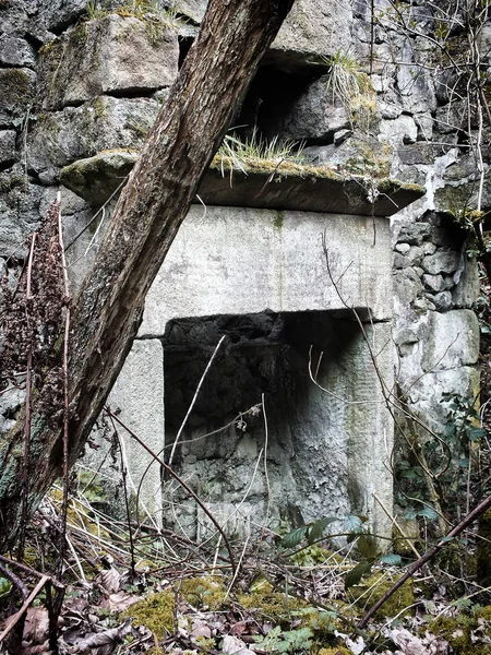 Arruinada casa de pedra abandonada com fortaleza e vegetação crescendo i — Fotografia de Stock