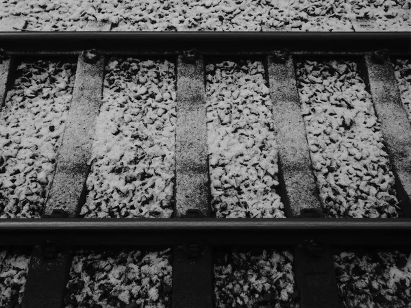 railway tracks covered in thick frost in winter