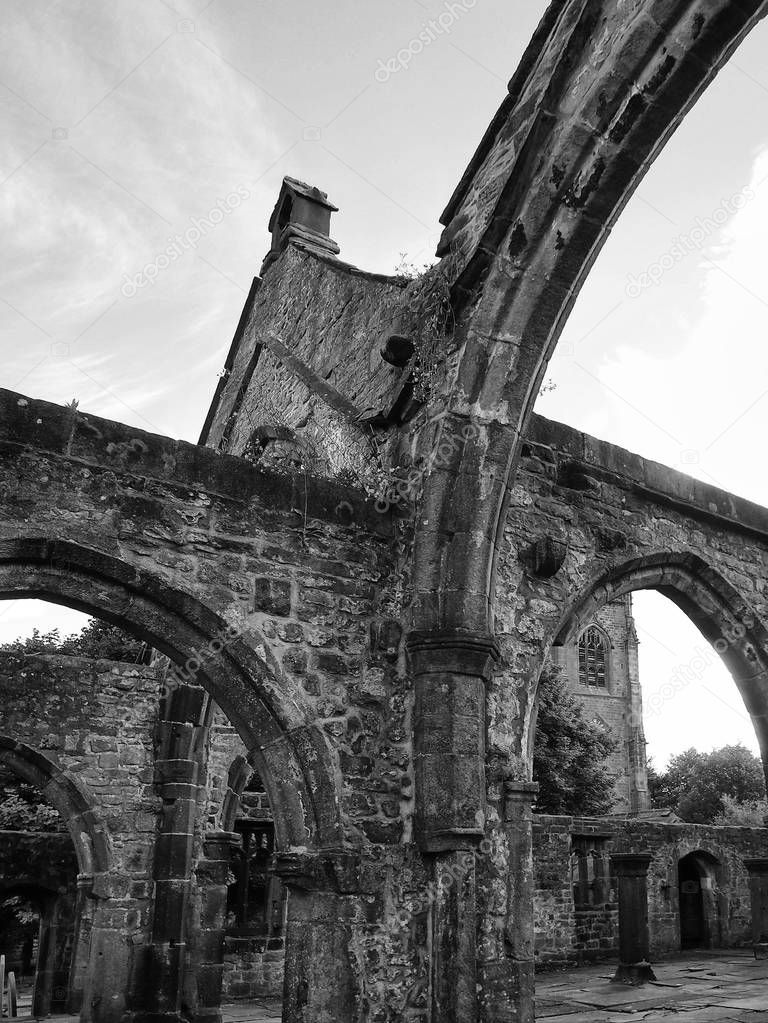 ruins of a medieval church in heptonstall with arches stone floor and bell tower