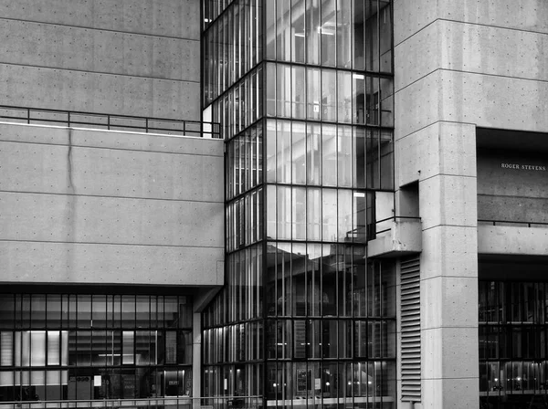 black and white photo of a modern building