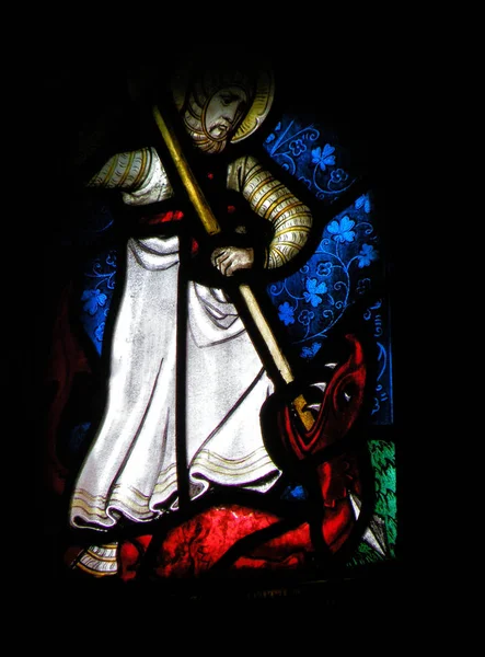 Old Stained Glass Window Saint George Slaying Dragon Stock Photo