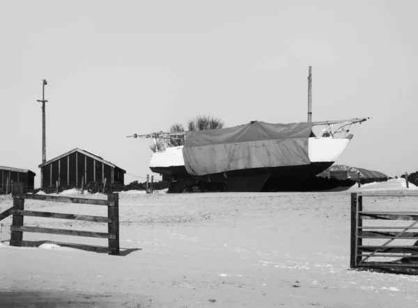 Monochrome Photos Boat Snow Covered Field —  Fotos de Stock
