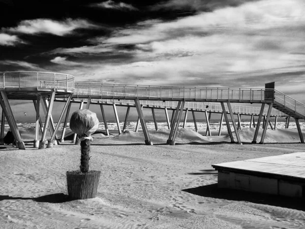 Black White Photo Pier Beach — Stock fotografie