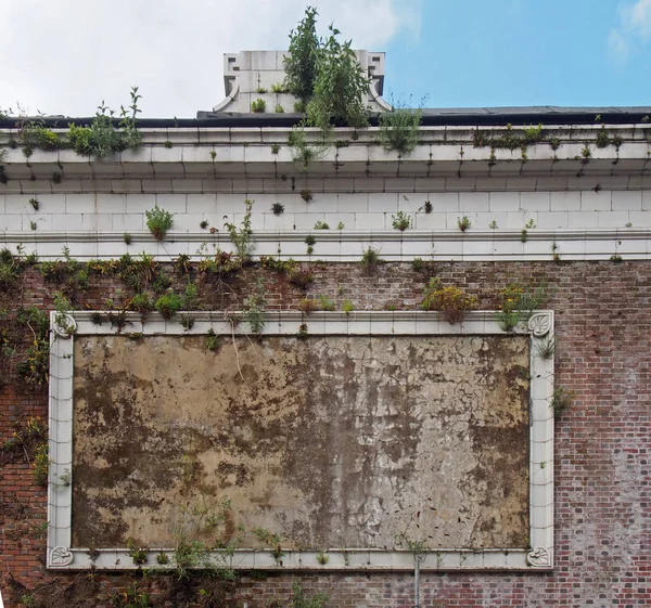 Ein alter Steinplakatrahmen an der Wand eines verfallenen Kinos mit Pflanzen, die aus einer verfallenden Ziegelmauer wachsen und einem blauen bewölkten Himmel — Stockfoto