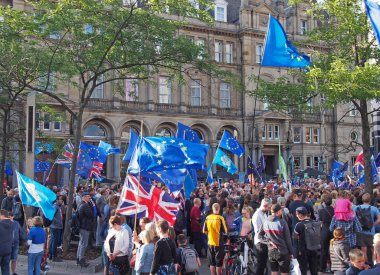 Avrupa 'daki Brexit karşıtı gösteriler için bayrak ve afiş taşıyan bir kalabalık
