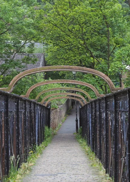 Старый металлический пешеходный мост, пересекающий железнодорожную линию, ведущий к узкой аллее, окруженной деревьями и деревенскими зданиями — стоковое фото