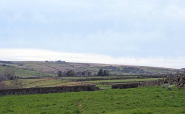 Batı Yorkshire manzarası. Etrafı taştan duvarlarla çevrili. Çiftlik evleri var.