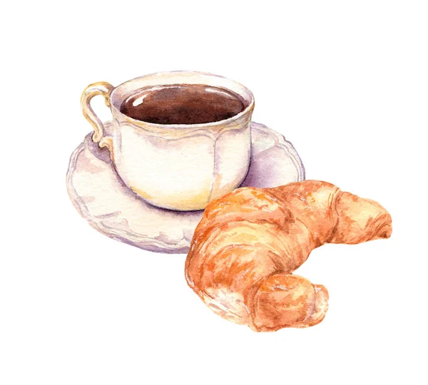 Tasse Kaffee und Croissant vorhanden. Aquarell — Stockfoto