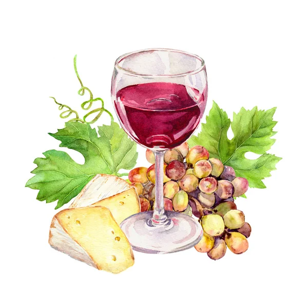 Wijnglas met wijnstokken bladeren, kaas, druif bessen. Aquarel — Stockfoto