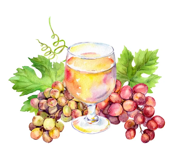 Ποτήρι λευκού κρασιού, αμπελόφυλλα και ρόγες σταφυλιού. Ακουαρέλα — Φωτογραφία Αρχείου