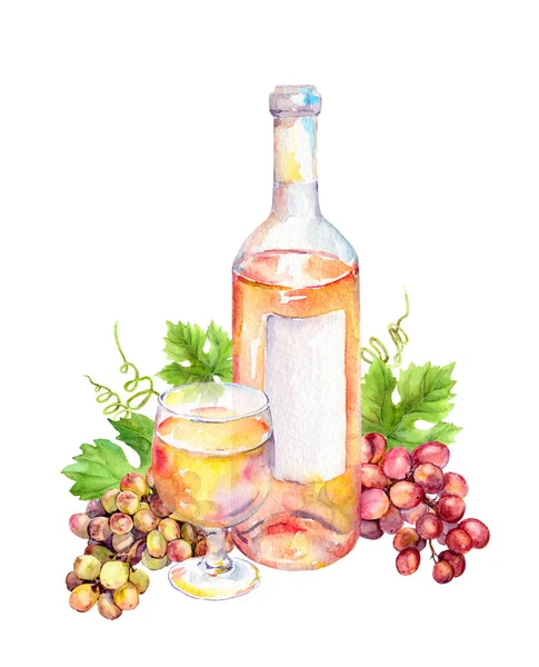 Бокал вина, бутылка розового вина с виноградными листьями и ягодами винограда. Акварель — стоковое фото