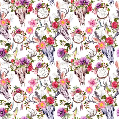 Geyik kafatasları çiçek ve dreamcatchers. Seamless modeli. Suluboya