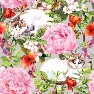Çimen çiçekler yalan kediler. Vintage çiçek seamless modeli. Suluboya