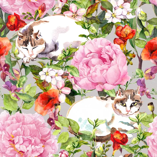 Çimen çiçekler yalan kediler. Vintage çiçek seamless modeli. Suluboya