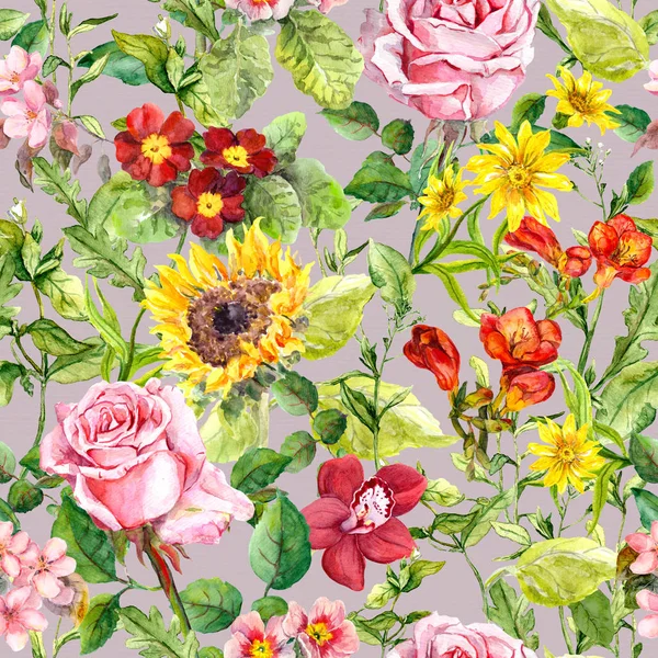 De bloemen van de weide, zomer kruiden. Herhalende vintage florale achtergrond. Aquarel — Stockfoto