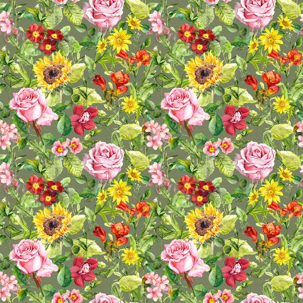 Meadow flowers, summer herbs. Seamless floral pattern. Watercolor — Stock Photo, Image