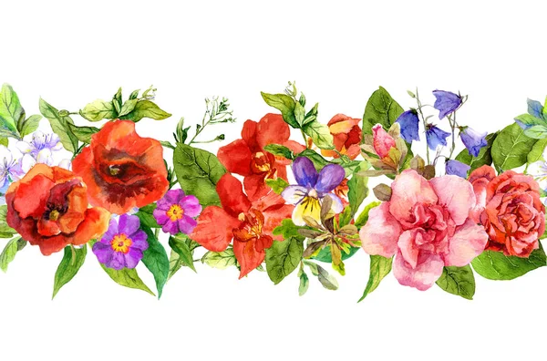 Flores de campo, ervas silvestres e plantas de verão. Repetindo borda horizontal floral. Aquarela — Fotografia de Stock