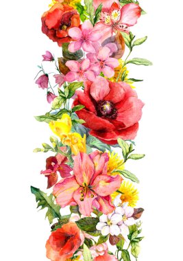 Alan çiçekler, yaz otlar, yapraklar. Çiçek sınır, suluboya yinelenen