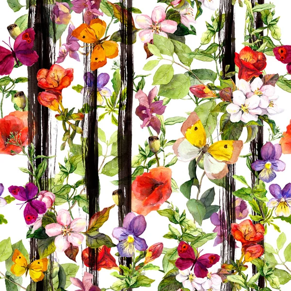 Meadow flowers, wild grass, summer butterflies at monochrome striped pattern. Repeating floral background. Summer watercolor with black stripes — Stock Photo, Image