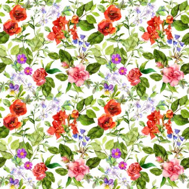 Çayır çiçek, yaz otlar, yabani otlar. Botanik desen yinelenen. Suluboya