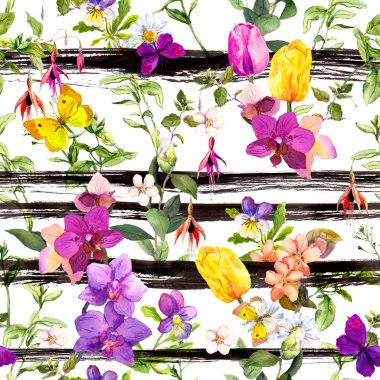 Tek renkli çizgili arka plan çiçeklere. Çiçek arka plan yinelenen. Suluboya ile siyah şeritler