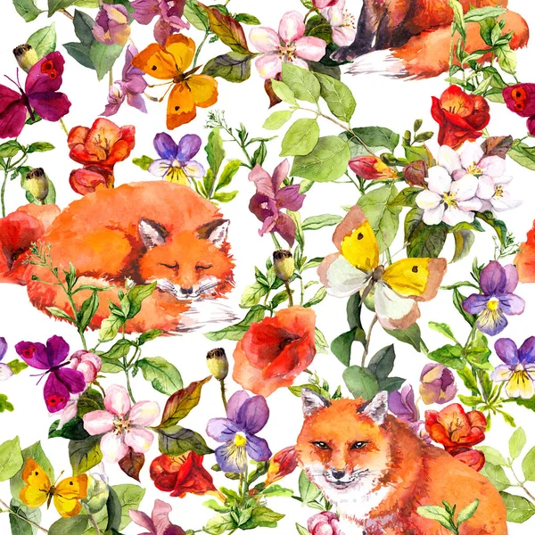 Şirin tilki hayvanlar, yaz çayır çiçekler ve kelebekler. Çiçek desenli yinelenen davranışıydı. Suluboya