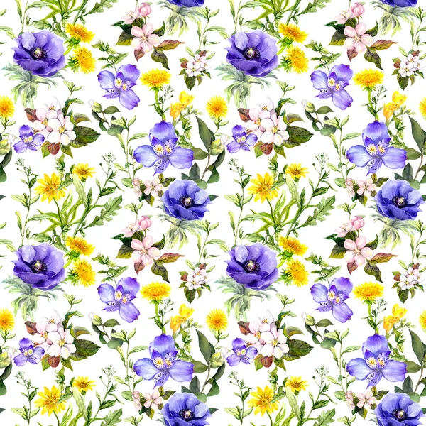Sommerblumen, Wiesengräser, Frühlingskräuter. nahtloser natürlicher Hintergrund. Aquarell in blauer Farbe — Stockfoto