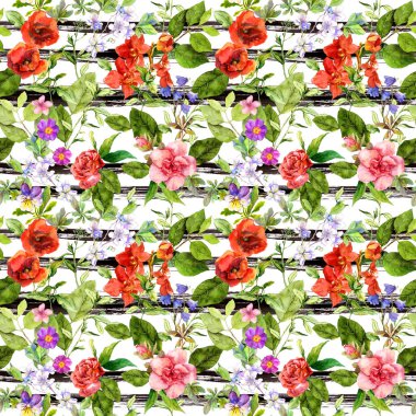 Yaz çiçek, çayır çimen, tek renkli çizgili arka plan. Çiçek desenli yinelenen. Suluboya ile siyah şeritler