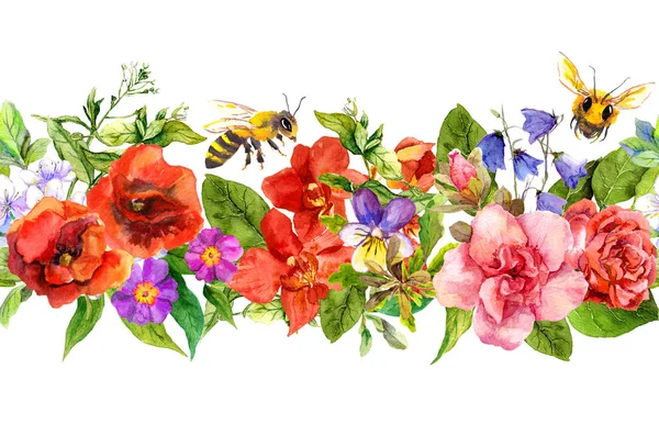 Abeilles, fleurs de prairie, herbes d'été, feuilles sauvages. Bordure horizontale florale répétée. Aquarelle — Photo