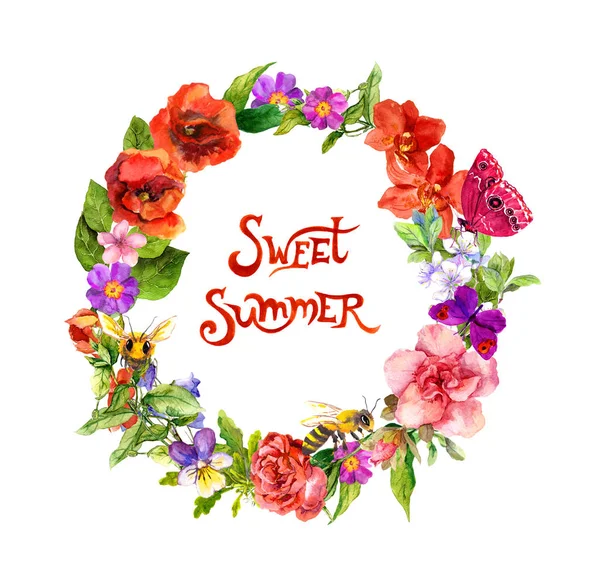 Floral wreath with meadow flowers, grass, bees, butterflies. Watercolor circle frame with text note Sweet summer — Stock Photo, Image