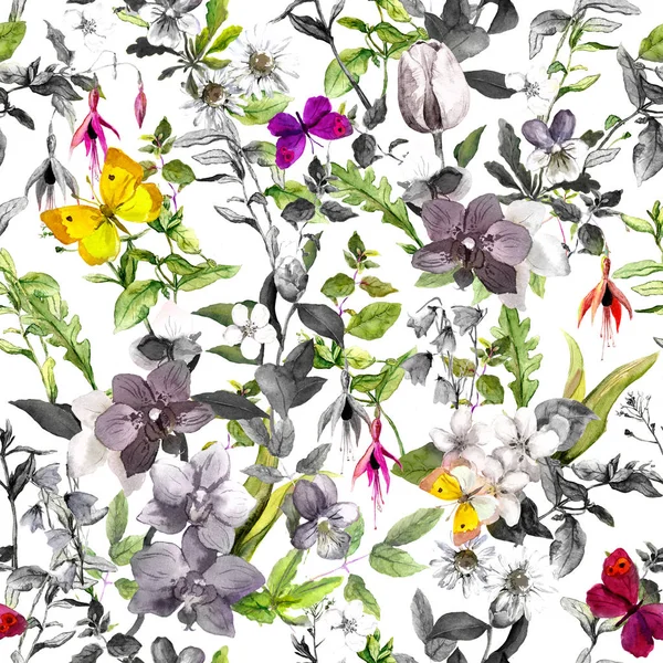 Sorunsuz çiçek desenli - çiçekler, çayır çimen, kelebekler. Suluboya