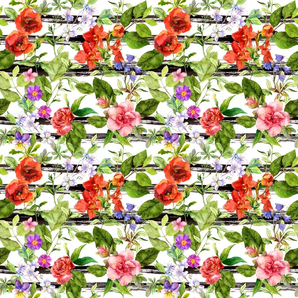 Yaz çiçek, çayır çimen, tek renkli çizgili arka plan. Çiçek desenli yinelenen. Suluboya ile siyah şeritler