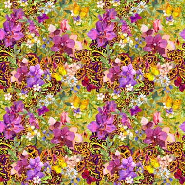 Sorunsuz çiçek duvar kağıdı. Modern süs dekor desenli ve çiçekler. Suluboya