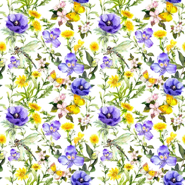 Zomerbloemen, weide grassen, spring kruiden. Naadloze natuurlijke achtergrond. Aquarel in blauwe kleur — Stockfoto