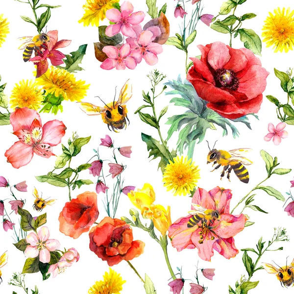 Honey bees, meadow flowers, summer grasses and plants. Repeating summer pattern. Watercolor — Stock Photo, Image