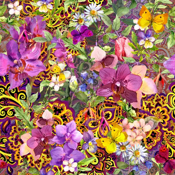 Ismétlődő virágos tapéta. Dekoratív keleti dísz paisley, virágok. Akvarell — Stock Fotó
