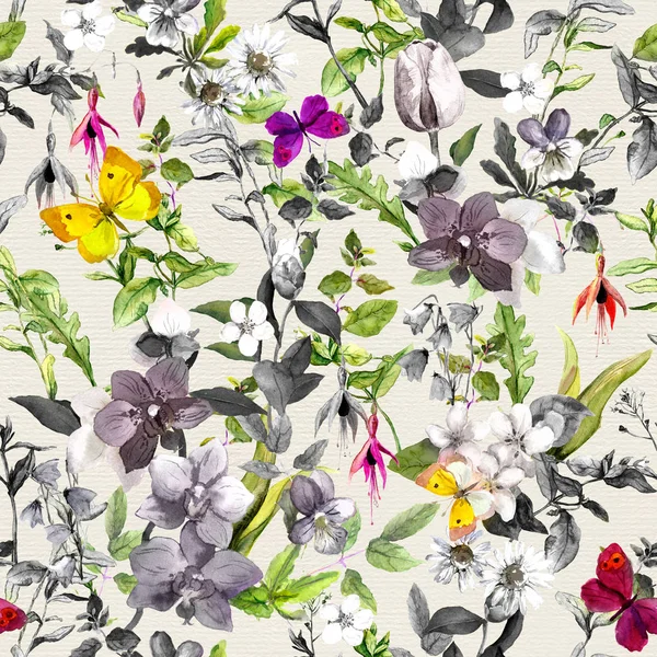 El patrón sin costuras - las flores, las mariposas. Patrón floral de verano en colores pastel neutros. Acuarela —  Fotos de Stock