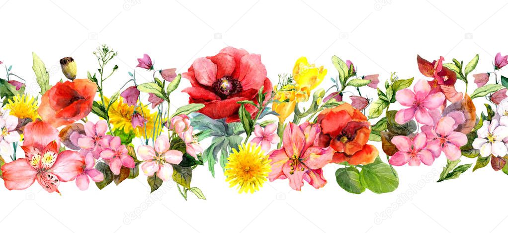 Meadow flowers, wild grasses and leaves. Repeating summer horizontal border. Floral watercolor