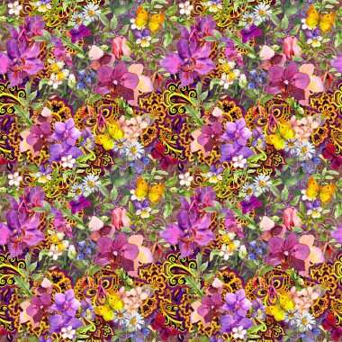 Çiçek arka plan yinelenen. Modern oryantal süsleme desenli, çiçekler. Suluboya