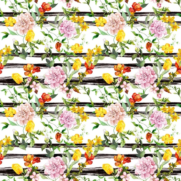 Flowers at black-white striped background. Repeating floral background. Watercolor with ink stripes — Stock Photo, Image