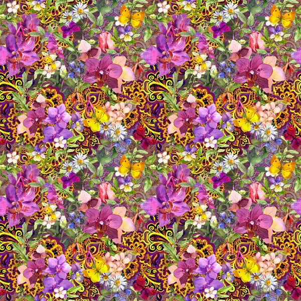 Repetir fondo floral. Moderno ornamento oriental paisley, flores. Acuarela —  Fotos de Stock