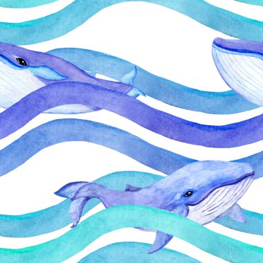 Balinalar dalgalar içinde. Seamless modeli. Suluboya