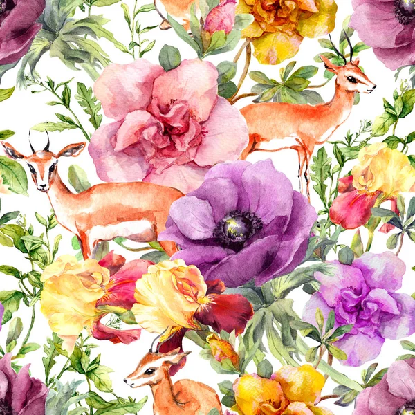 Antelope animale in fiori. Moda ripetizione modello. Acquerello — Foto Stock